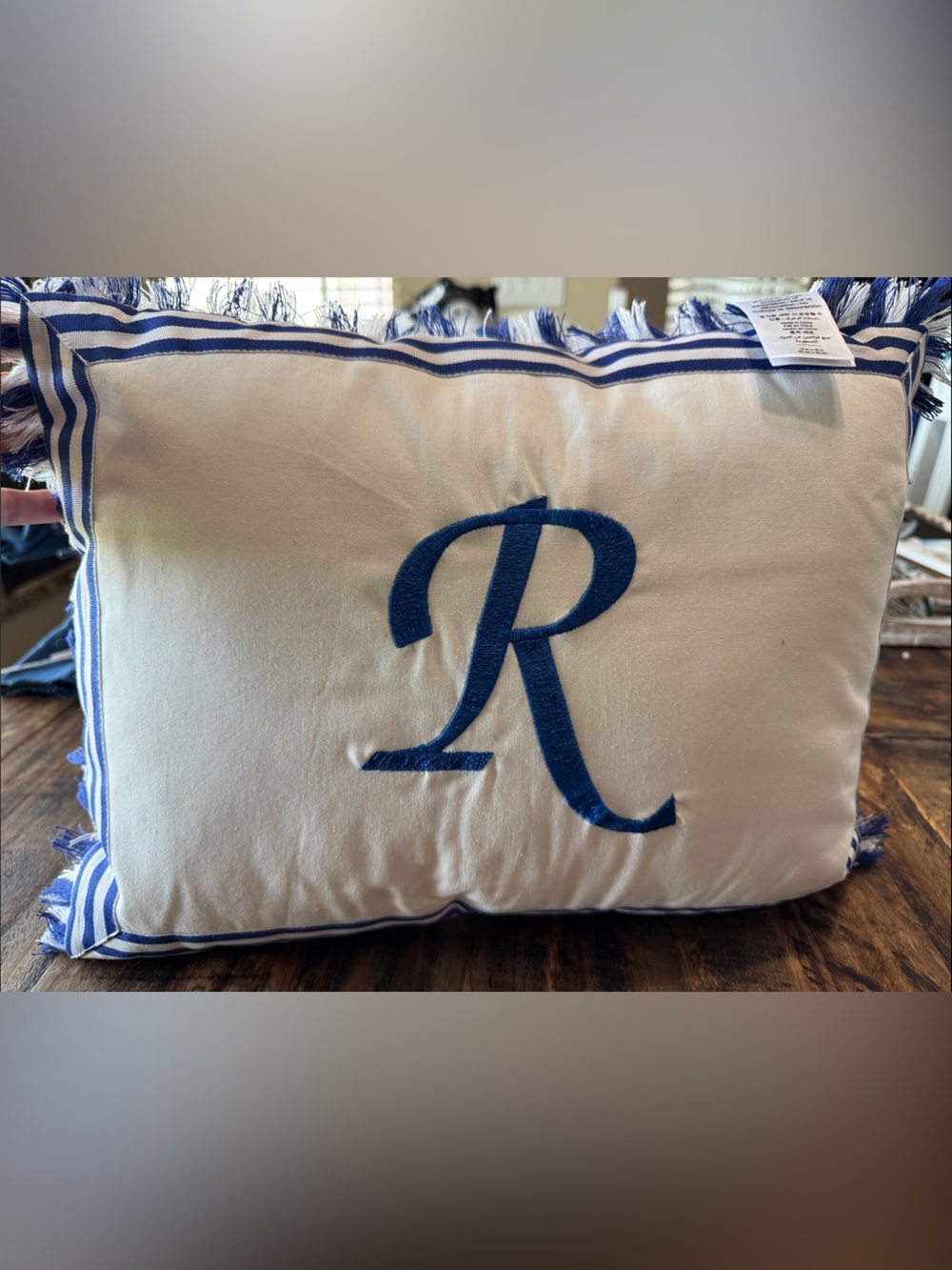 Pottery Barn Teen White Throw Pillow with Blue Monogram R